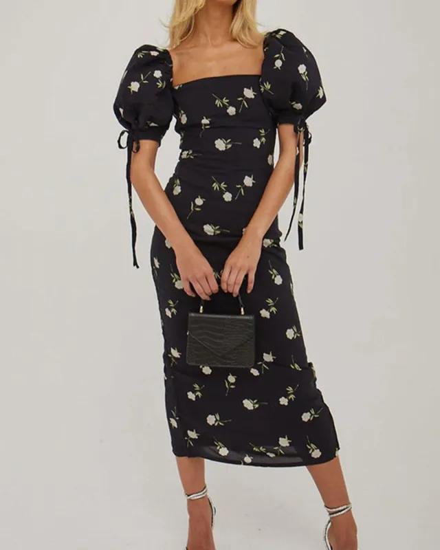 Black Square Neck Floral Midi Dress sold by rihoas