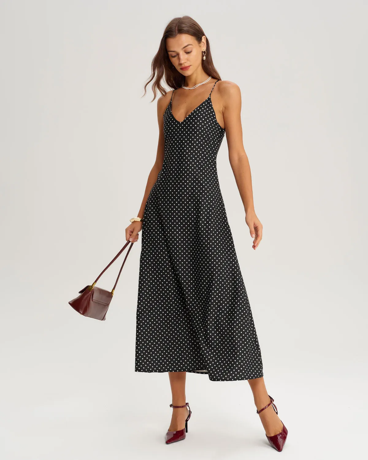 Black Polka Dot Slip Midi Dress sold by rihoas