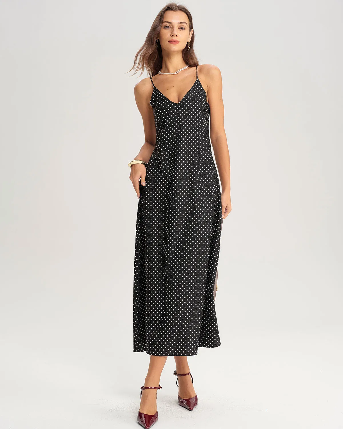 Black Polka Dot Slip Midi Dress sold by rihoas product image thumbnail 4