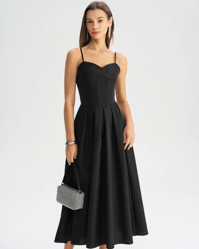 Black Pleated Slip Midi Dress sold by rihoas