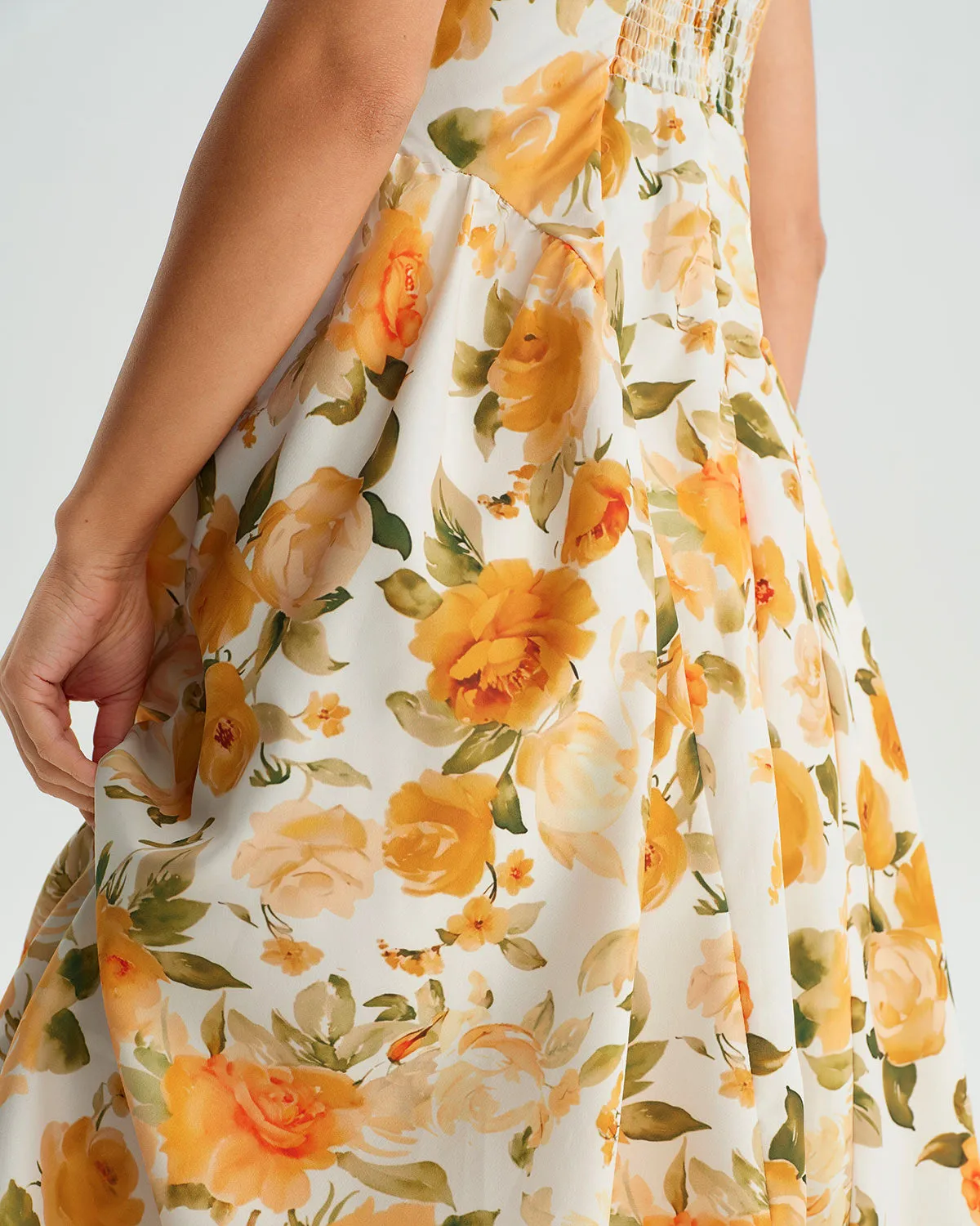 Yellow Floral A-Line Shirred Slip Midi Dress sold by rihoas product image thumbnail 2