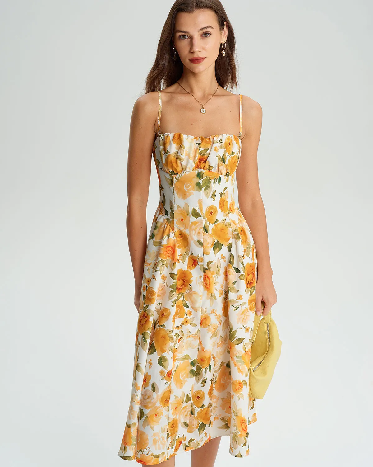 Yellow Floral A-Line Shirred Slip Midi Dress sold by rihoas