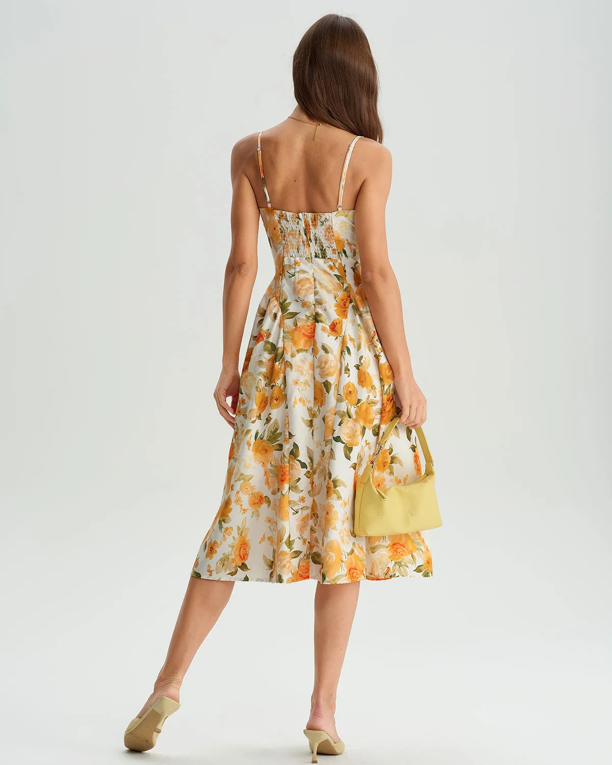 Yellow Floral A-Line Shirred Slip Midi Dress sold by rihoas product image thumbnail 5