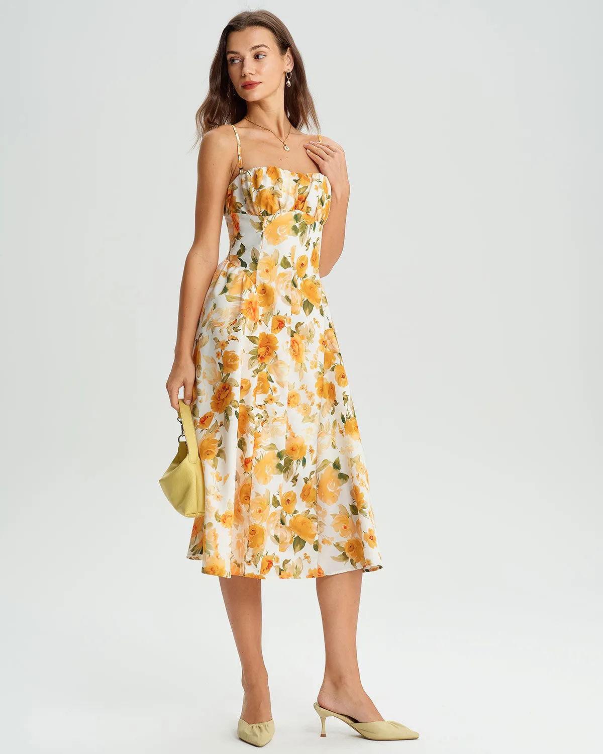 Yellow Floral A-Line Shirred Slip Midi Dress sold by rihoas product image thumbnail 4