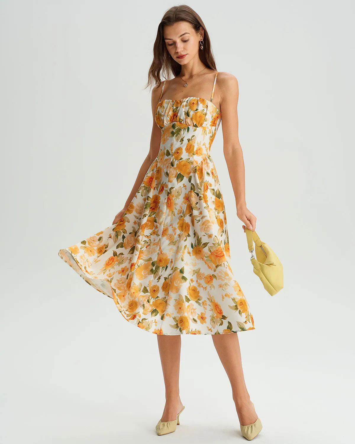 Yellow Floral A-Line Shirred Slip Midi Dress sold by rihoas product image thumbnail 3