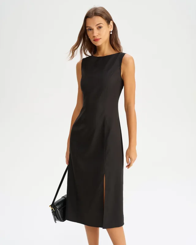 Black Boat Neck Slit Sleeveless Midi Dress sold by rihoas