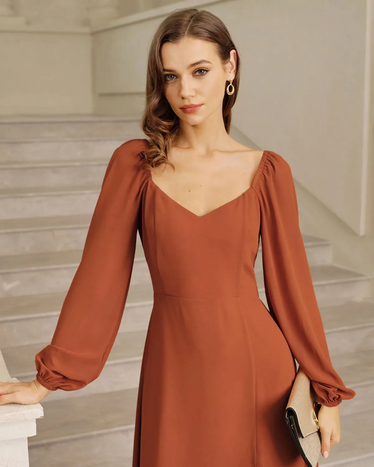 Red Puffed Sleeve Slit Midi Dress sold by rihoas product image thumbnail 2