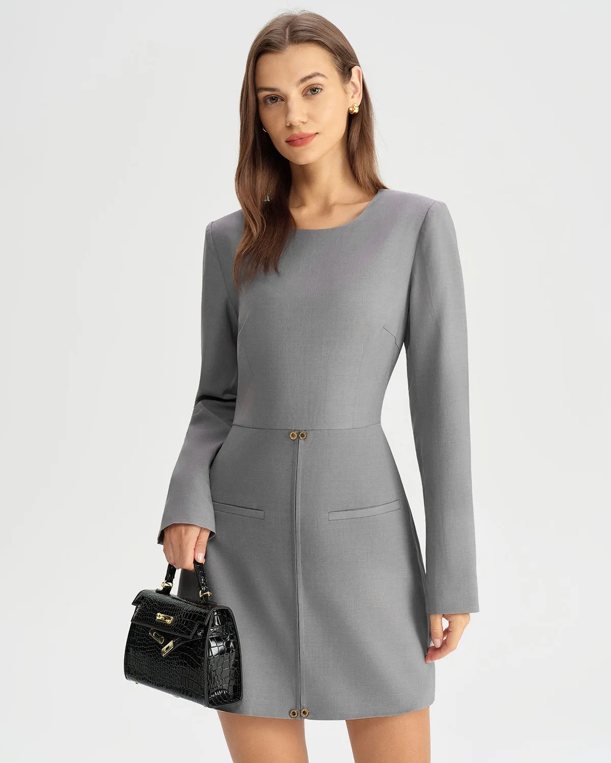 Grey A-Line Long Sleeve Mini Dress sold by rihoas product image thumbnail 3