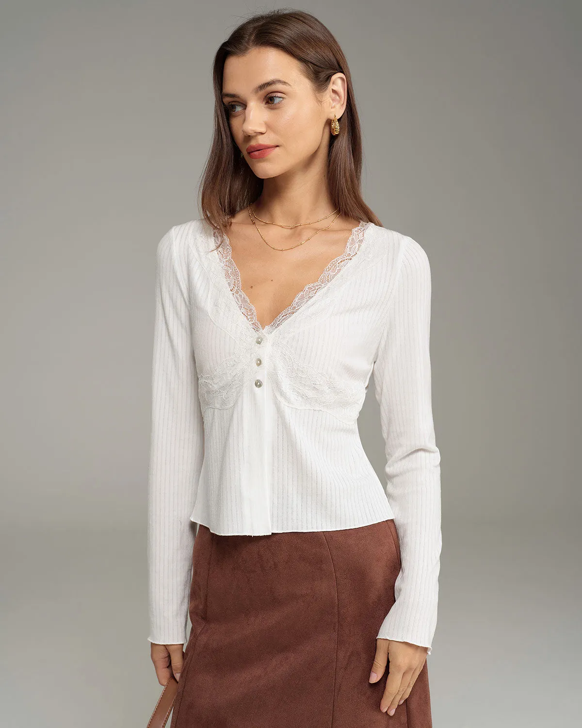 White V Neck Knit Cardigan sold by rihoas product image thumbnail 3