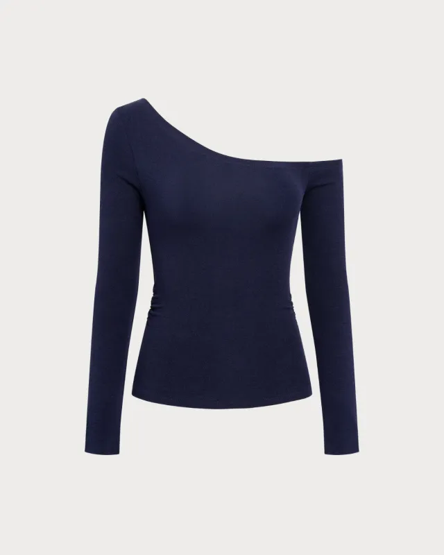 Navy One Shoulder Knit Tee sold by rihoas