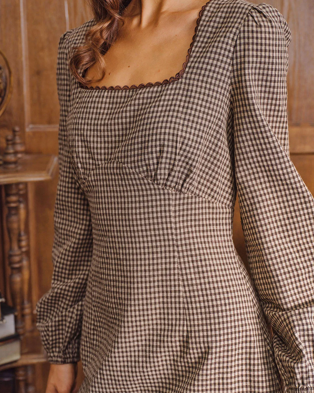 Brown Plaid Square Neck A-line Mini Dress sold by rihoas product image thumbnail 2