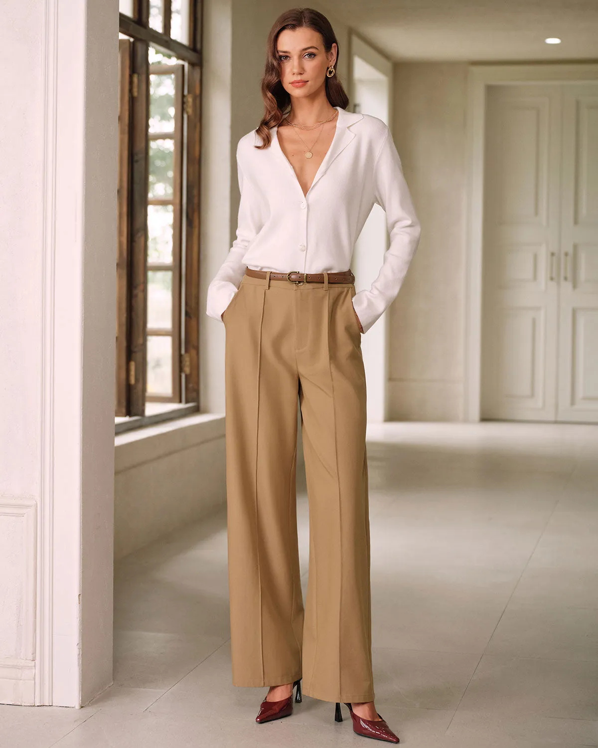 Khaki Natural Waisted Pocket Straight Pants sold by rihoas product image thumbnail 4