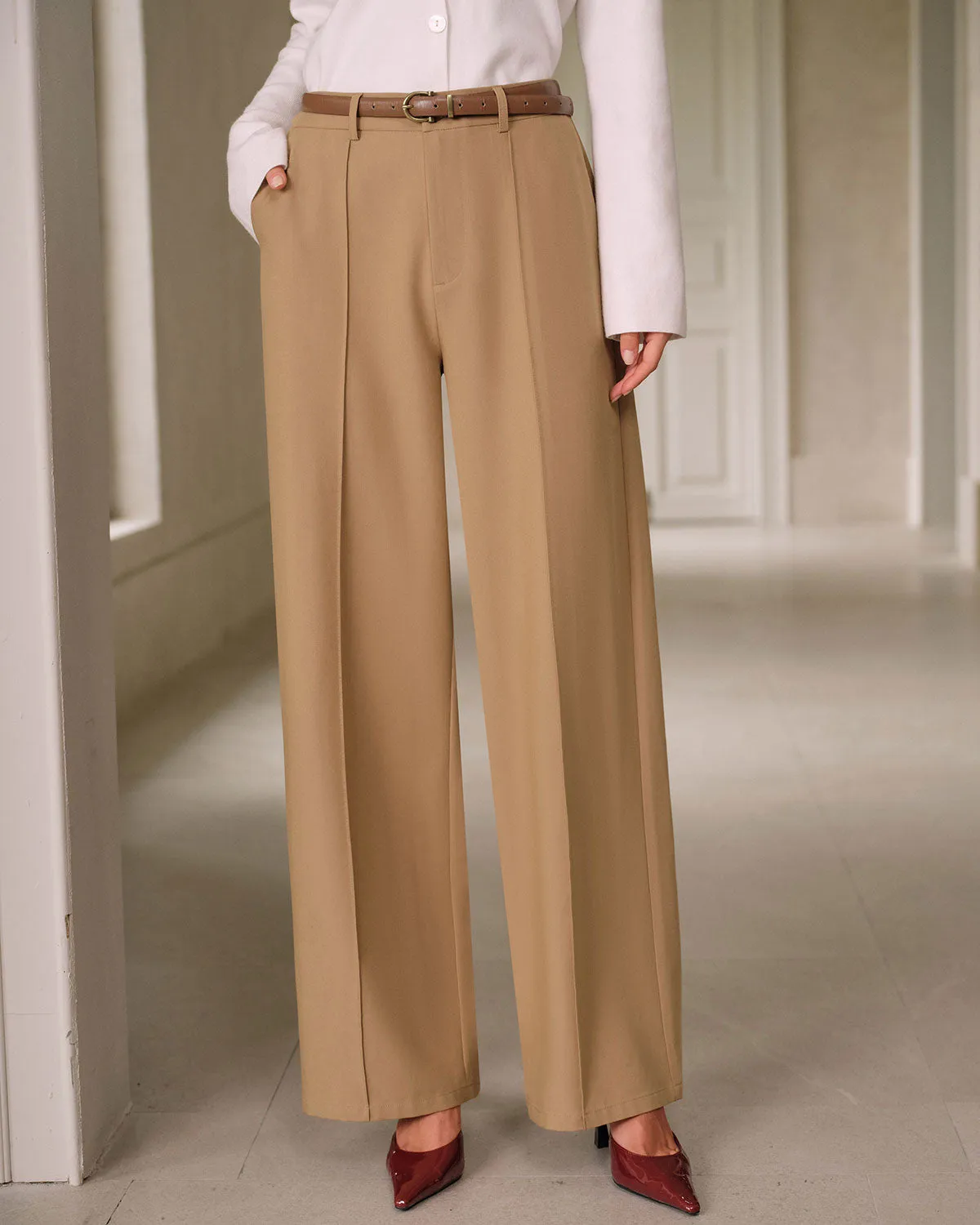 Khaki Natural Waisted Pocket Straight Pants sold by rihoas