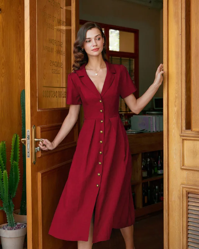 Red A-Line Pleated Button Midi Dress sold by rihoas
