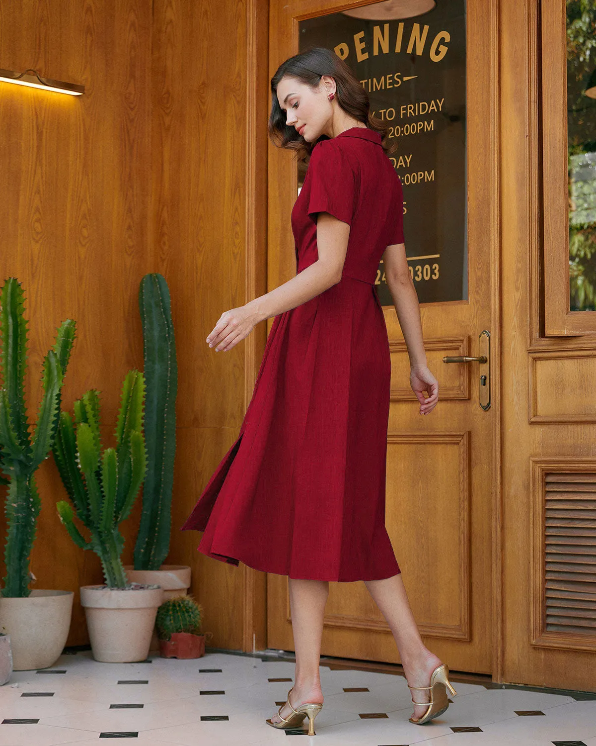 Red A-Line Pleated Button Midi Dress sold by rihoas product image thumbnail 4