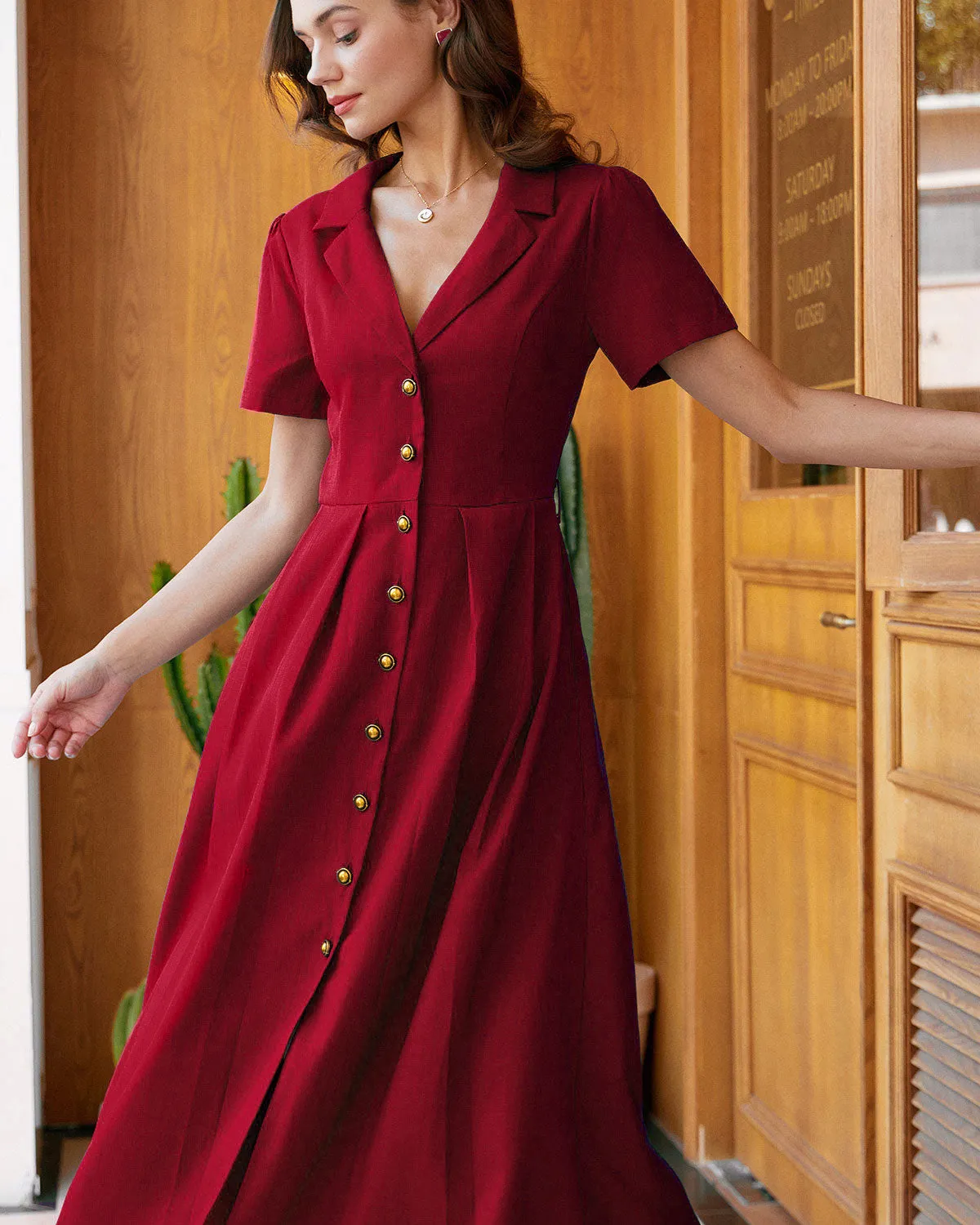Red A-Line Pleated Button Midi Dress sold by rihoas product image thumbnail 2