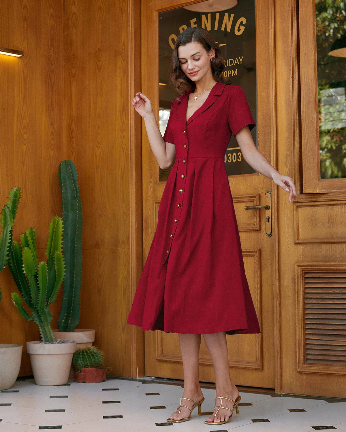 Red A-Line Pleated Button Midi Dress sold by rihoas product image thumbnail 3