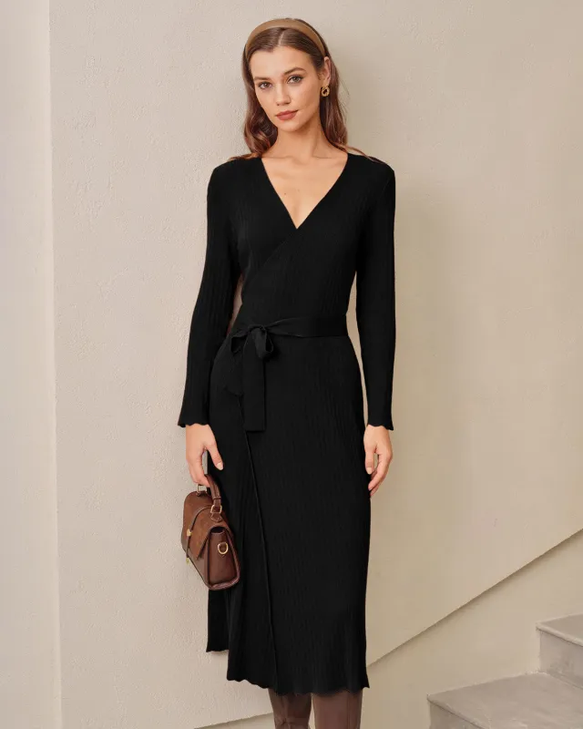 Black V Neck Wrap Knit Midi Dress sold by rihoas