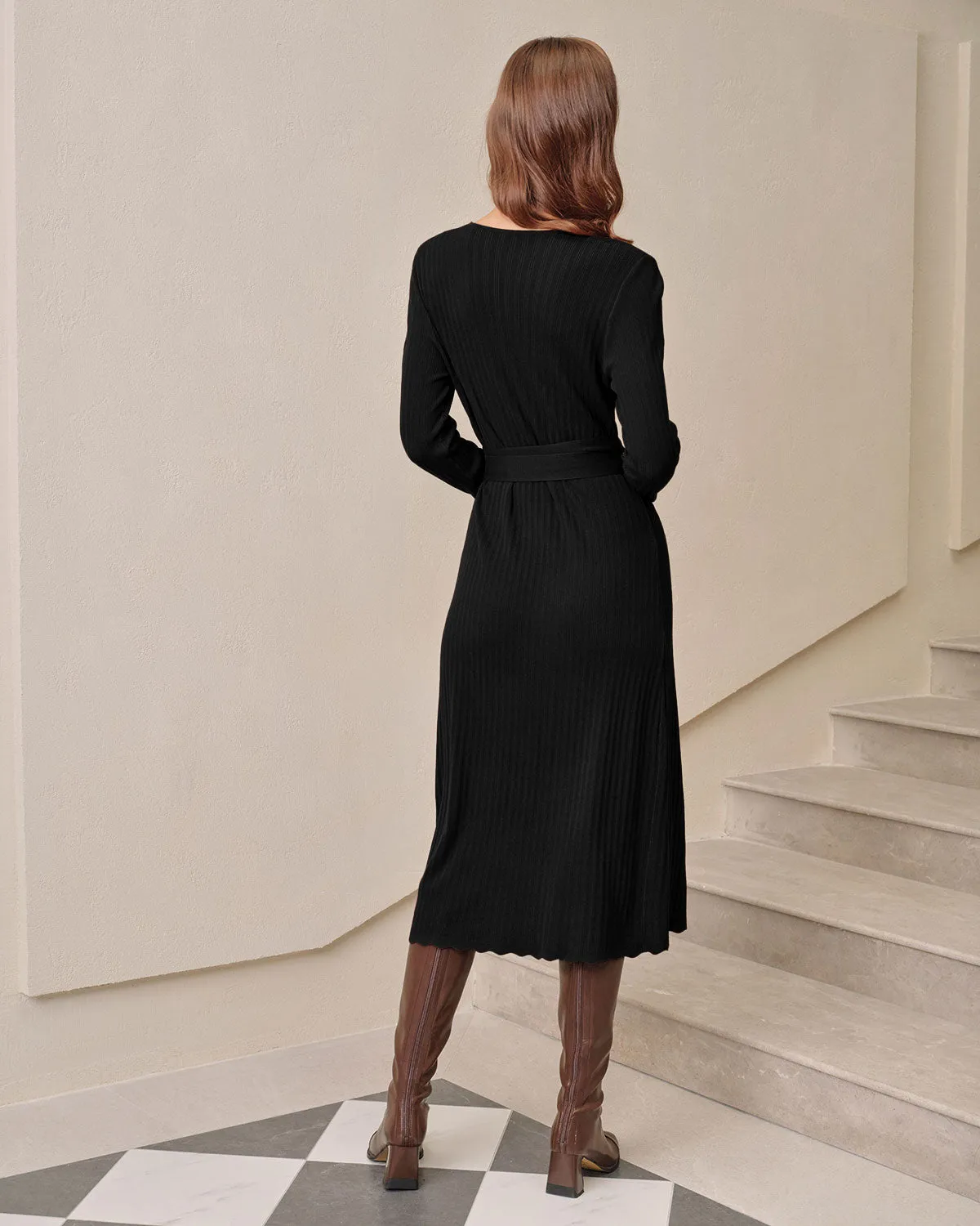 Black V Neck Wrap Knit Midi Dress sold by rihoas product image thumbnail 3