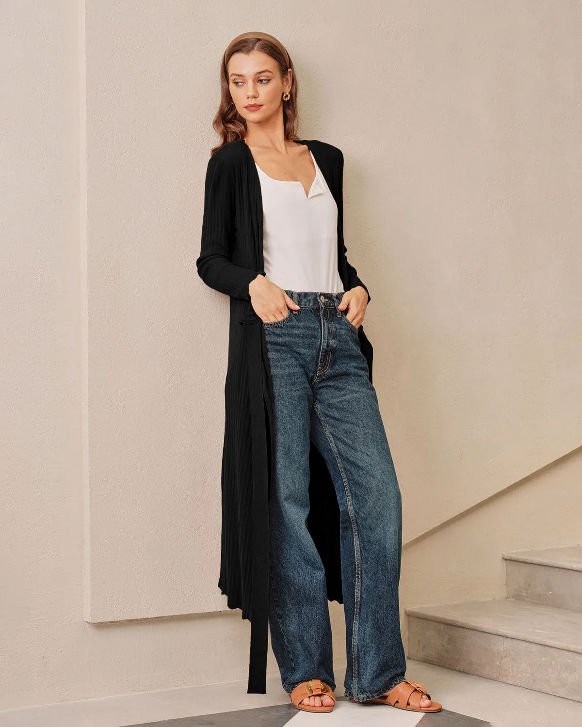 Black V Neck Wrap Knit Midi Dress sold by rihoas product image thumbnail 2