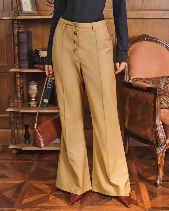 Khaki Natural Waisted Pocket Flared Pants sold by rihoas