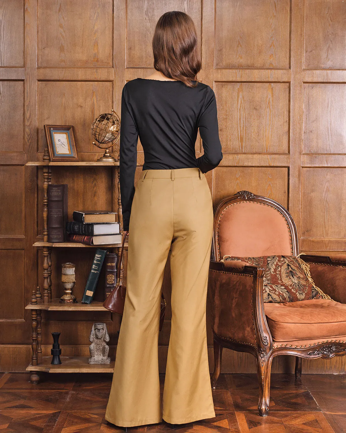 Khaki Natural Waisted Pocket Flared Pants sold by rihoas product image thumbnail 5