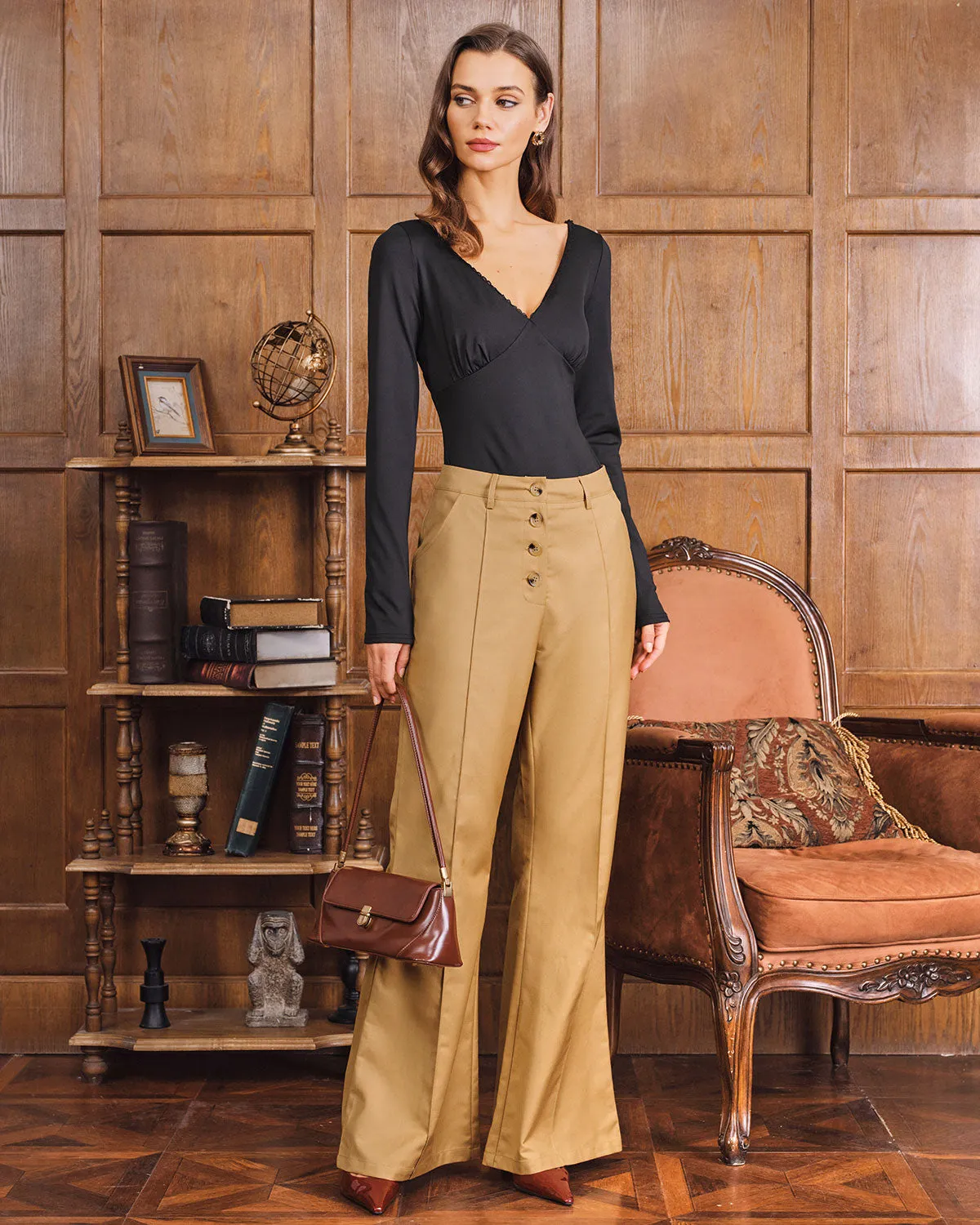 Khaki Natural Waisted Pocket Flared Pants sold by rihoas product image thumbnail 4