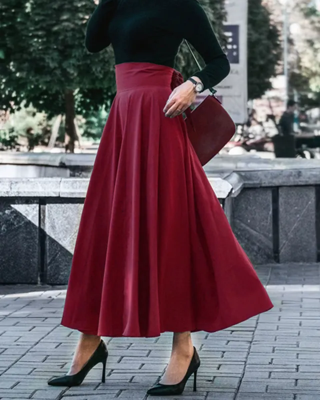 Red Pocket Flared Midi Skirt sold by rihoas