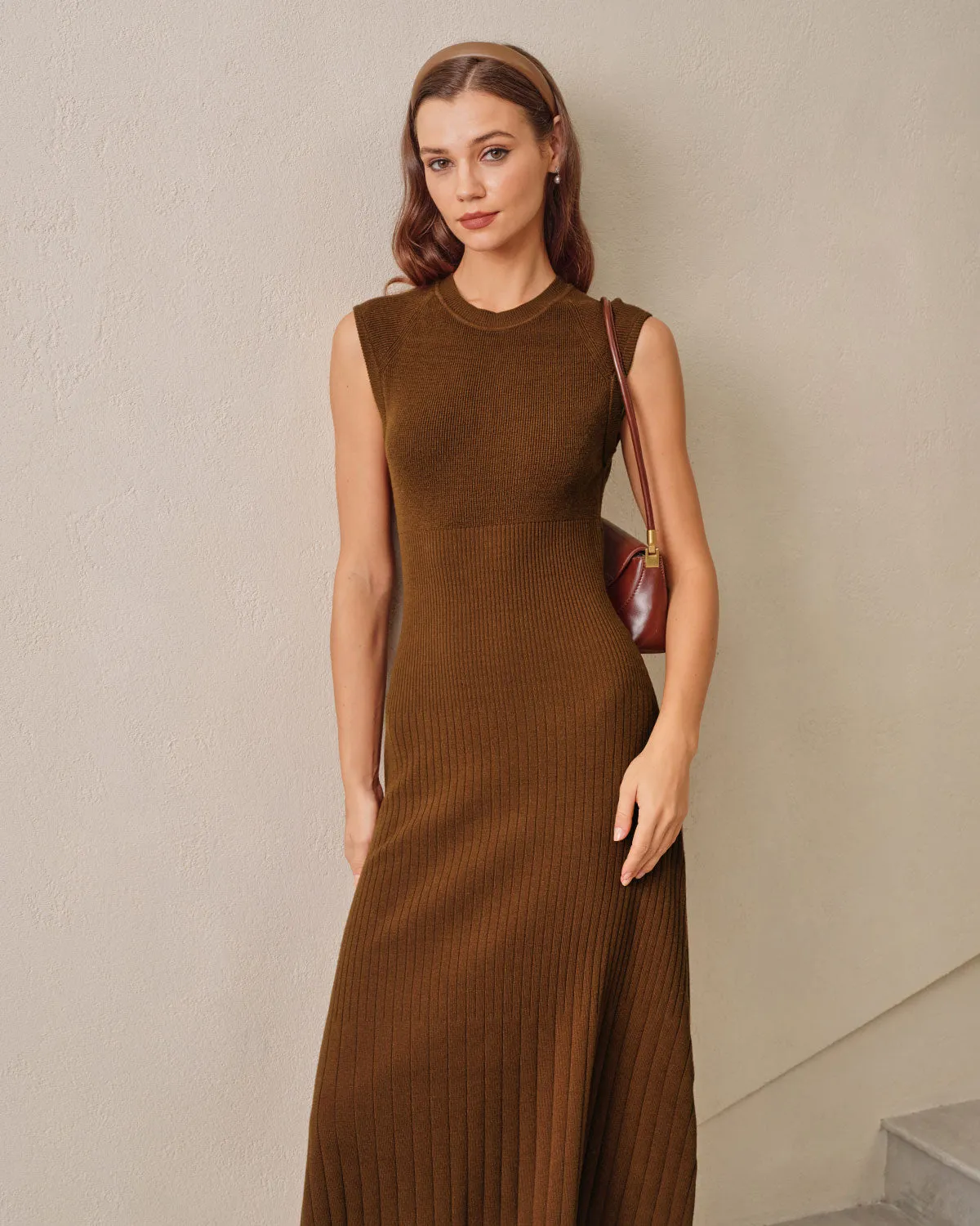 Brown A-Line Sleeveless Sweater Dress sold by rihoas product image thumbnail 3