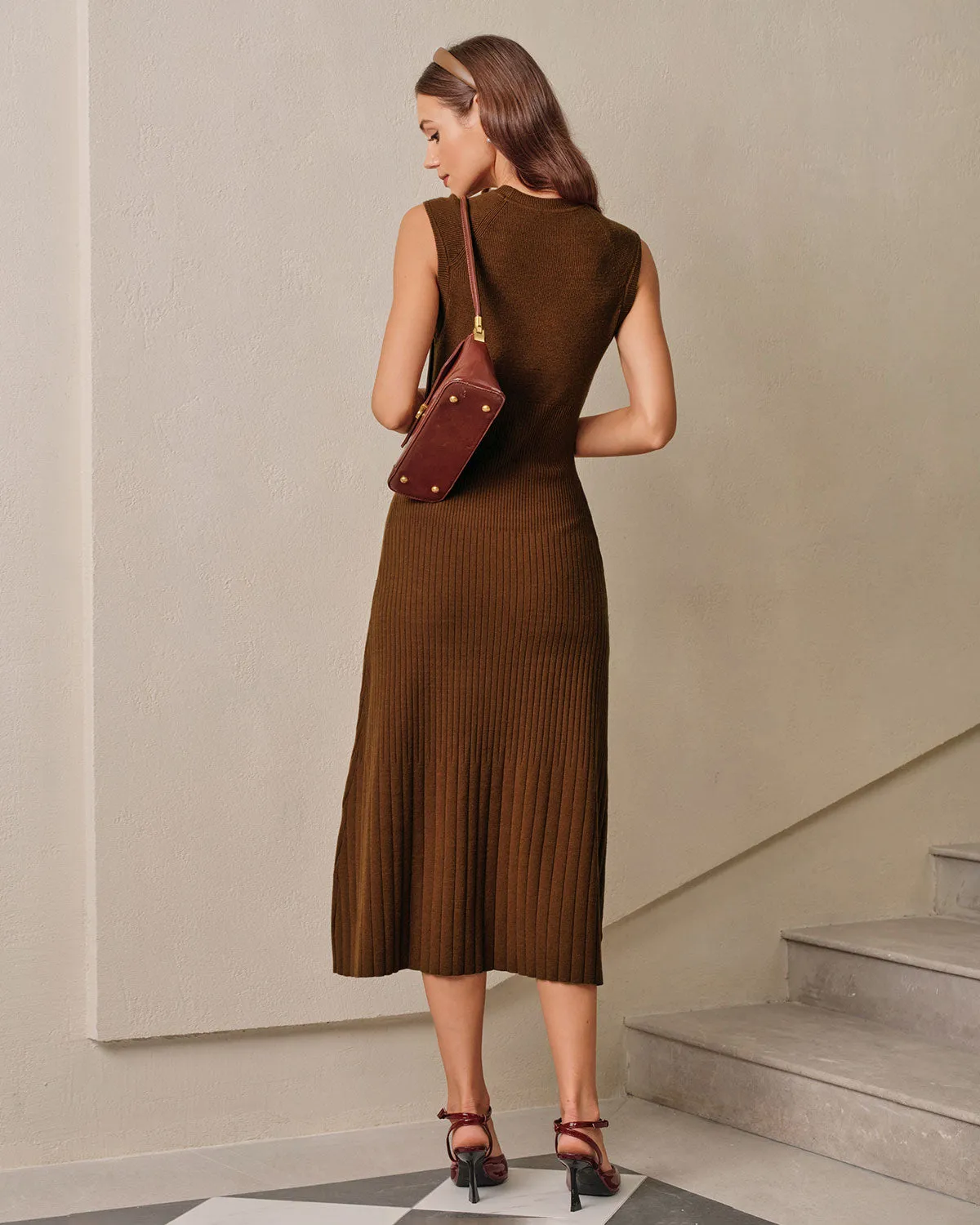 Brown A-Line Sleeveless Sweater Dress sold by rihoas product image thumbnail 5