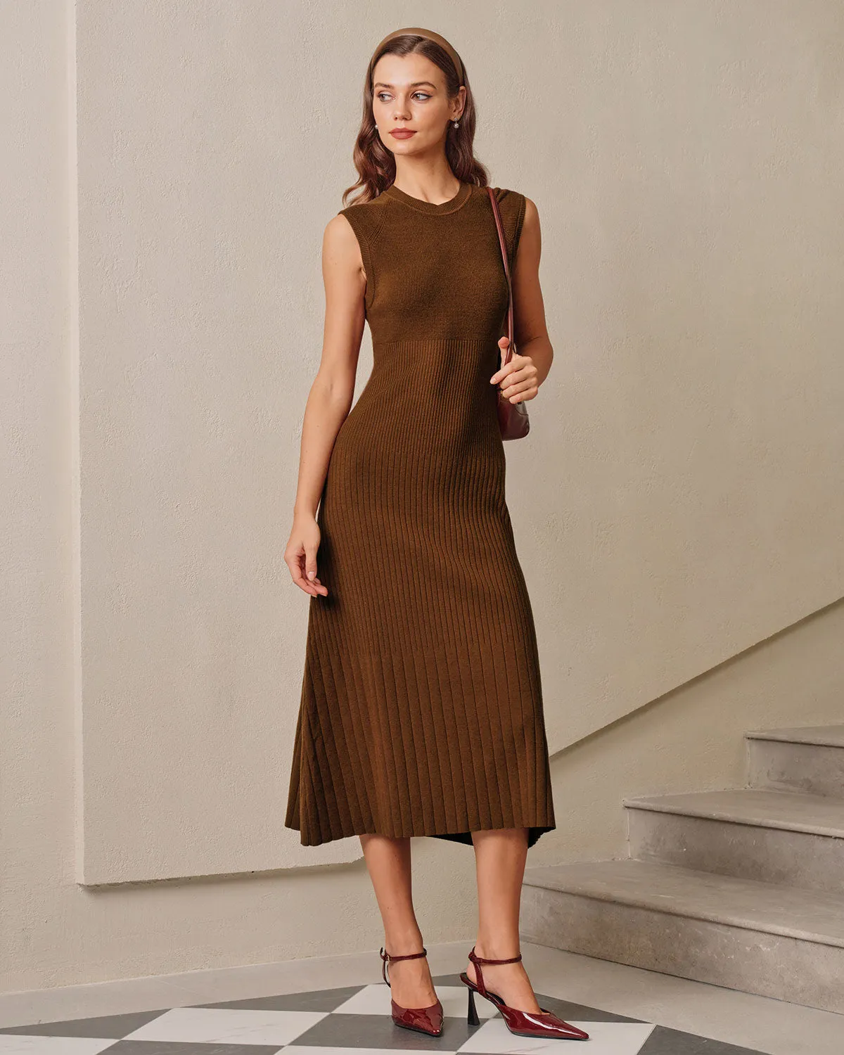 Brown A-Line Sleeveless Sweater Dress sold by rihoas product image thumbnail 4