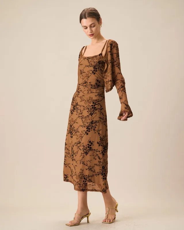 Brown Floral Two-piece Midi Dress sold by rihoas