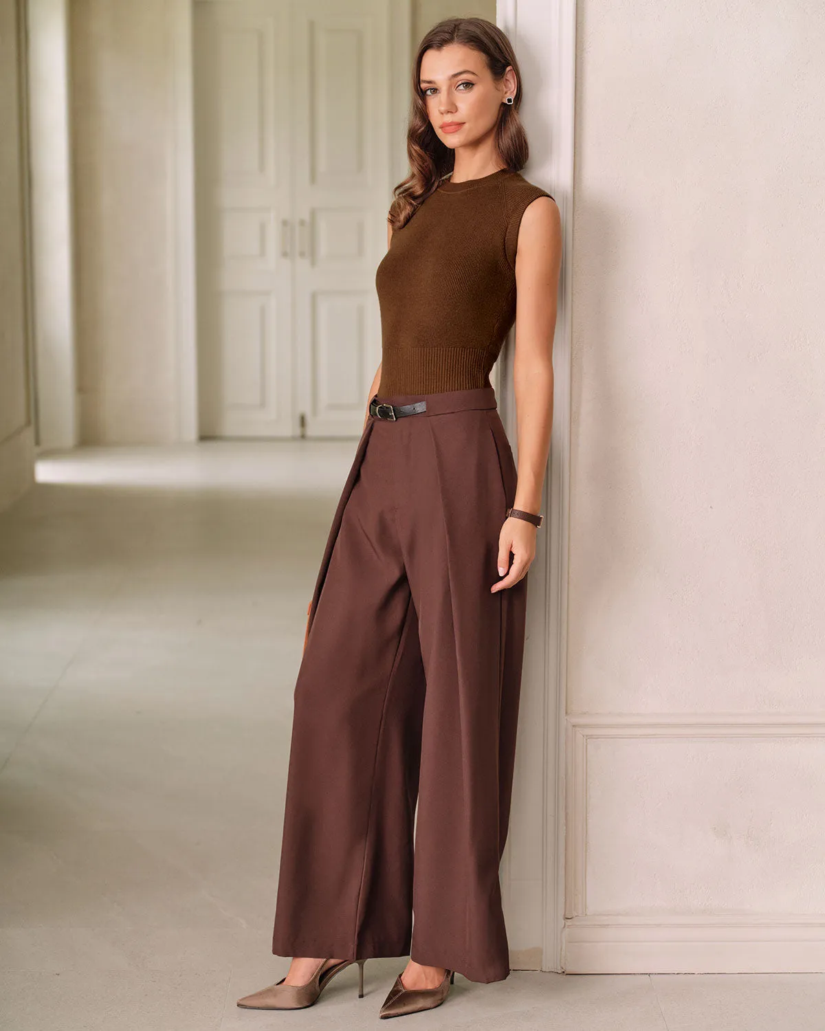 Brown Round Neck Knit Tank Top sold by rihoas product image thumbnail 4