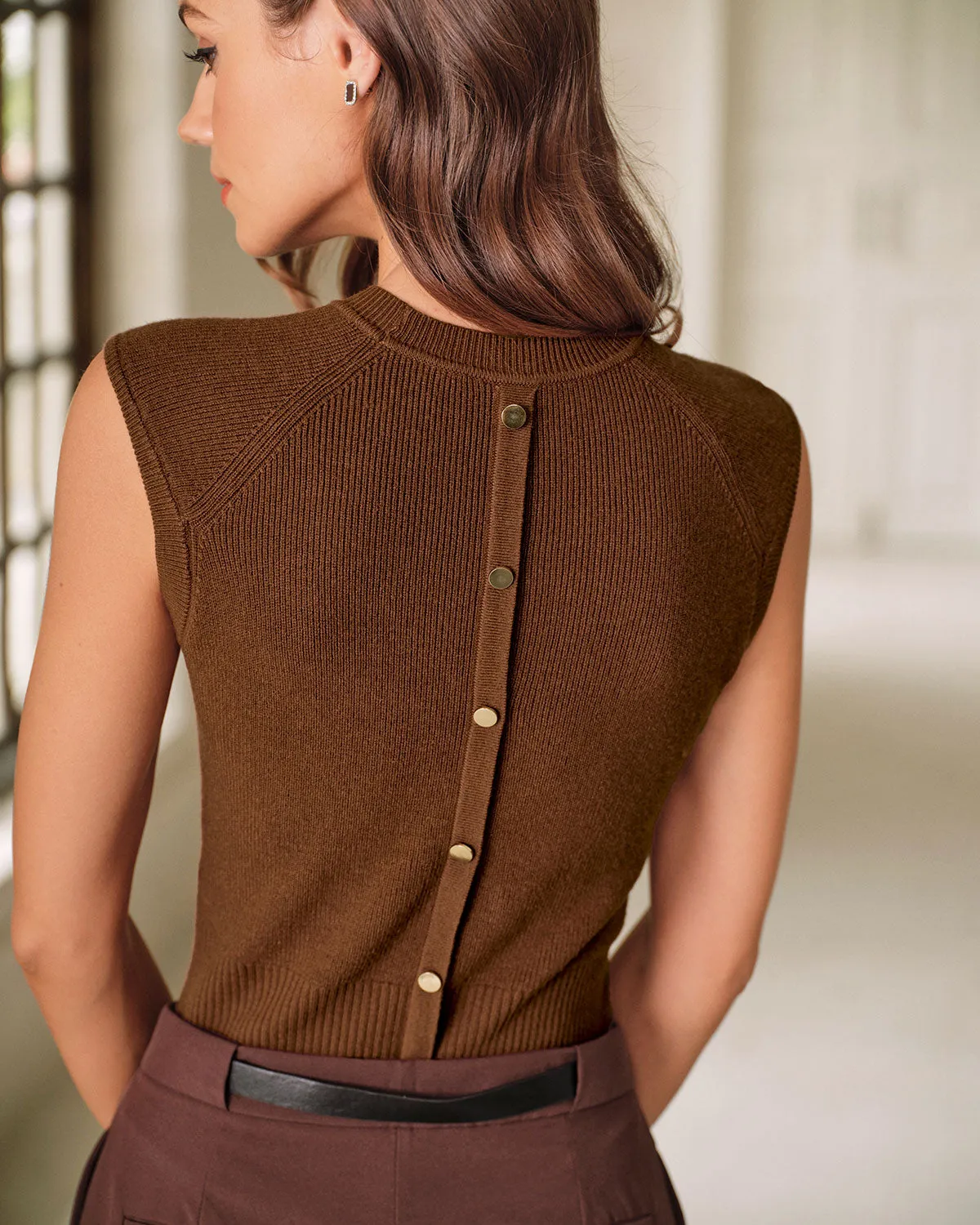 Brown Round Neck Knit Tank Top sold by rihoas product image thumbnail 3