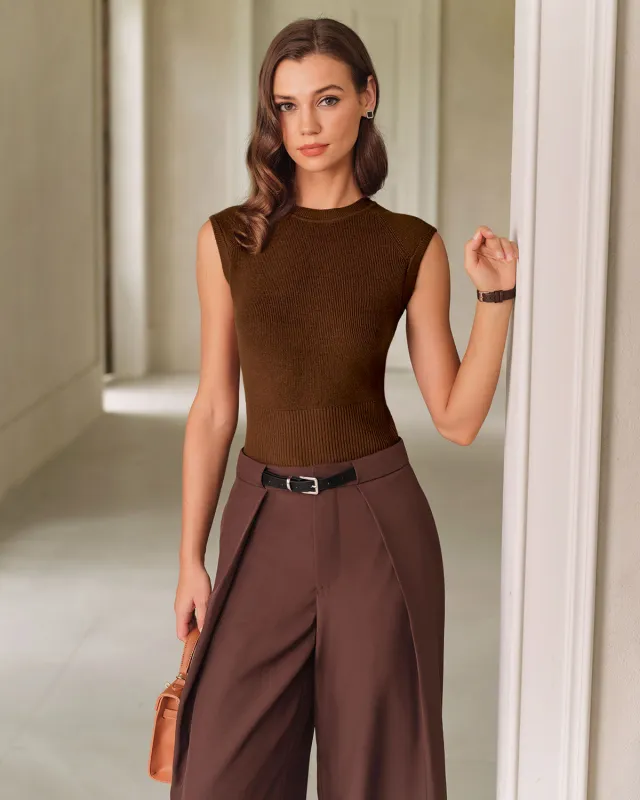 Brown Round Neck Knit Tank Top sold by rihoas