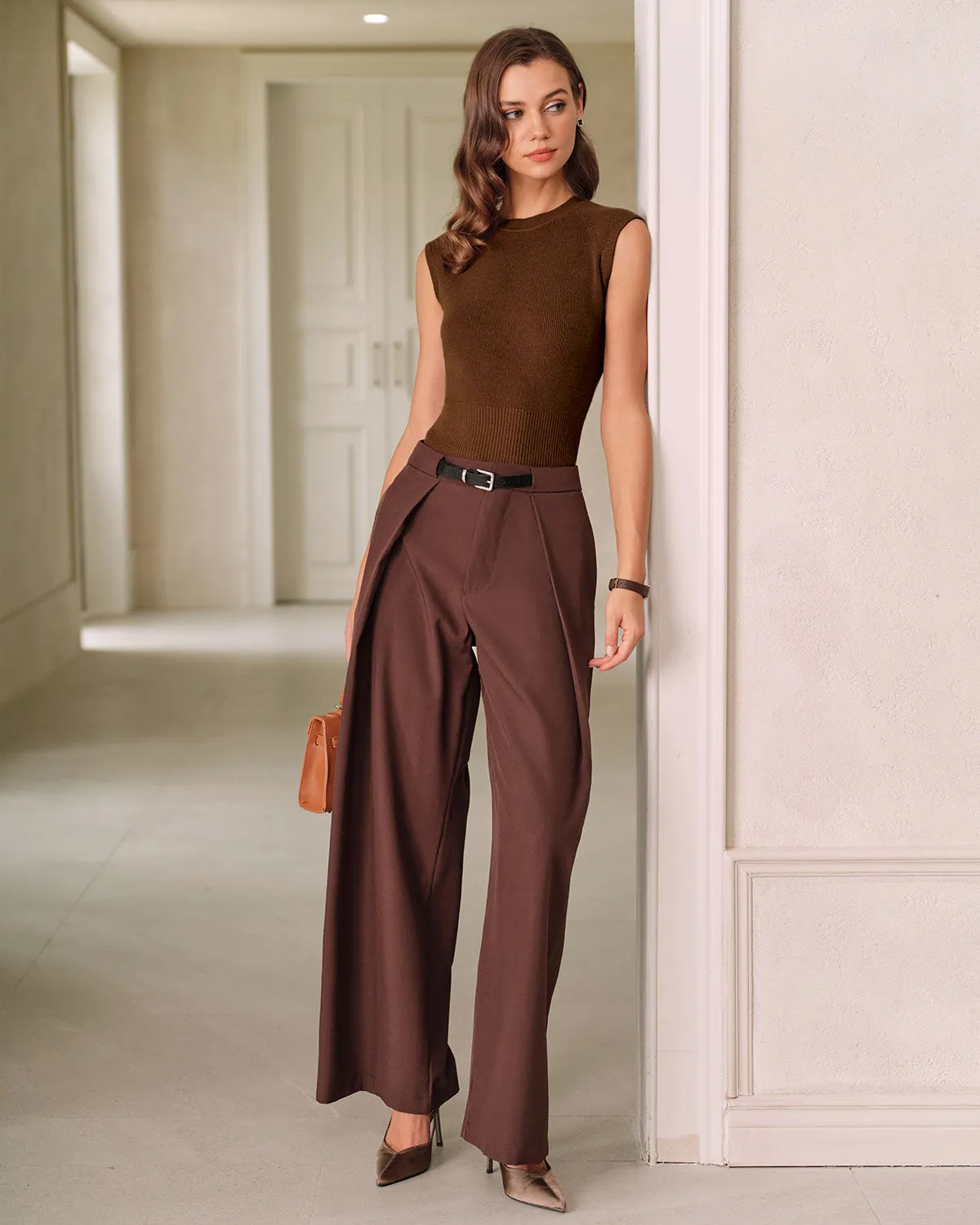 Brown Round Neck Knit Tank Top sold by rihoas product image thumbnail 5