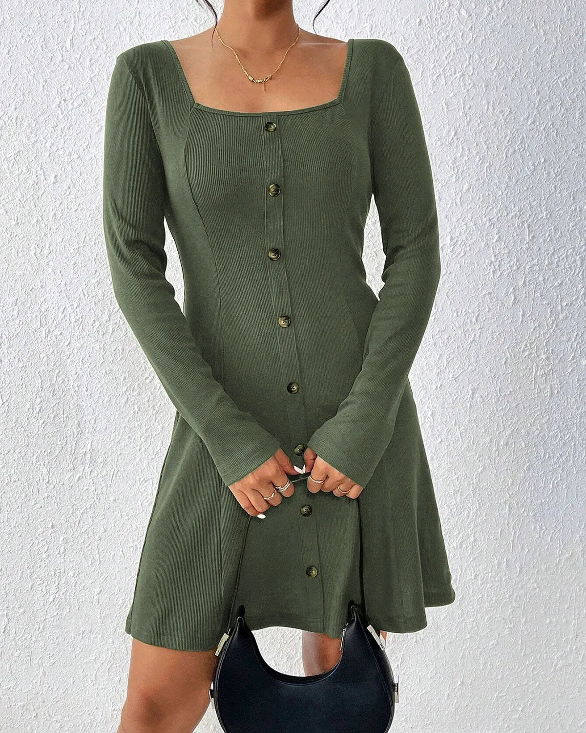 Green Square Neck A-Line Sweater Dress sold by rihoas product image thumbnail 3