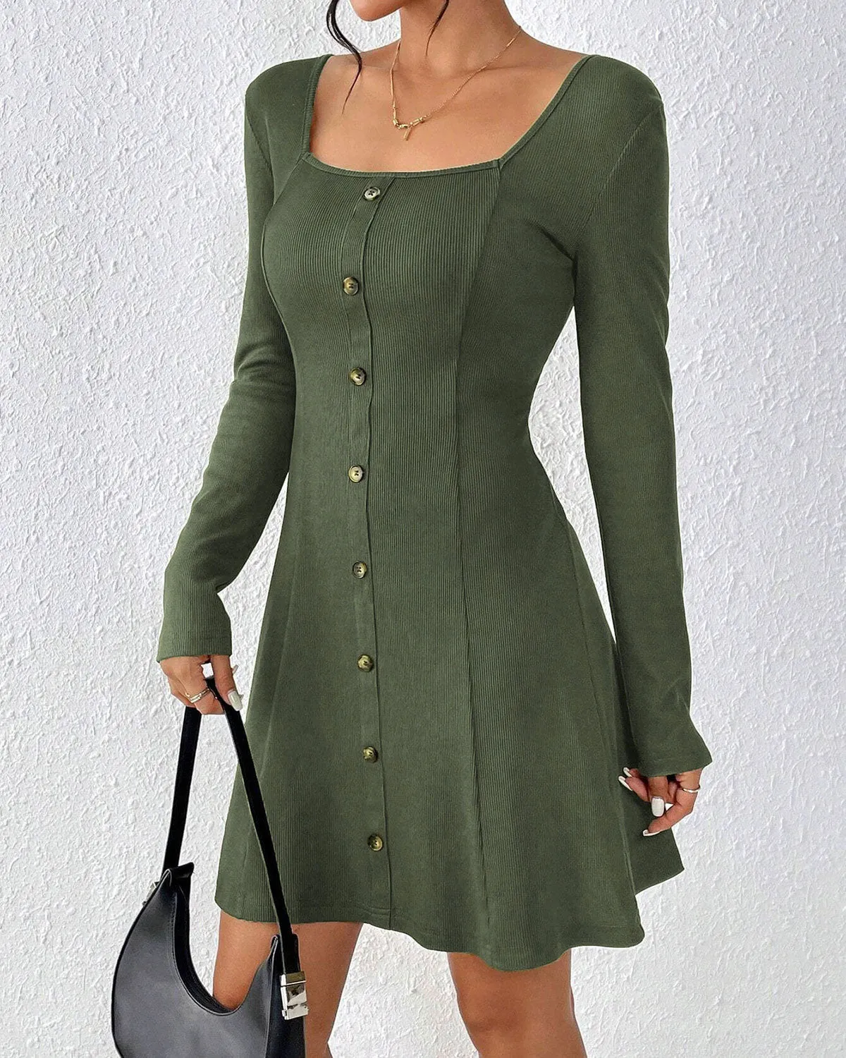 Green Square Neck A-Line Sweater Dress sold by rihoas product image thumbnail 2