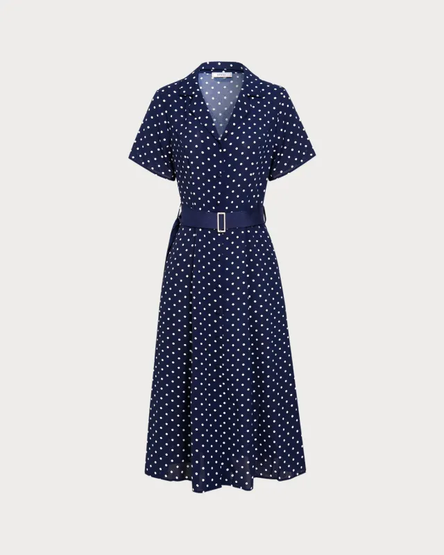 Blue Polka Dot Belted Midi Dress sold by rihoas