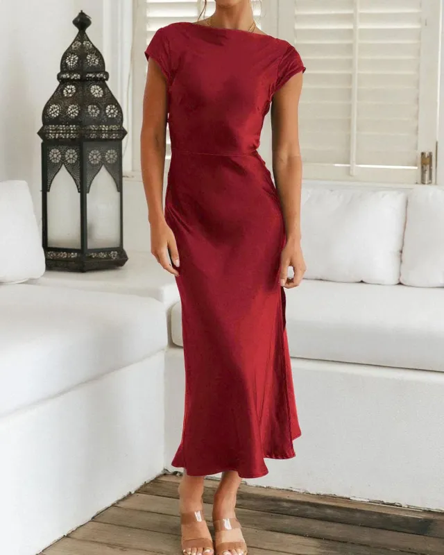 Wine Red Cowl Neck Backless Midi Dress made by rihoas