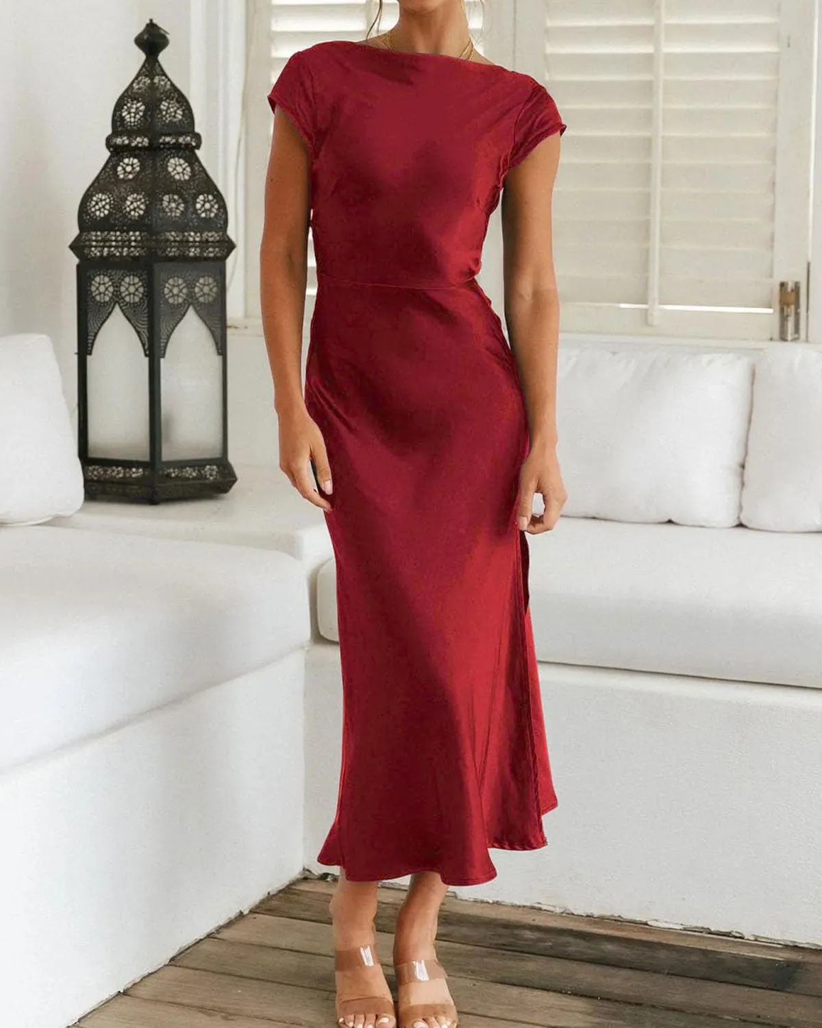 Wine Red Cowl Neck Backless Midi Dress sold by rihoas