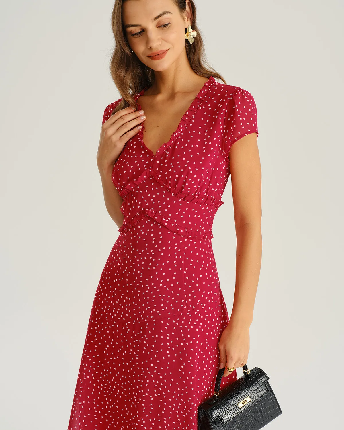 Red Polka Dot Cap Sleeve Midi Dress sold by rihoas product image thumbnail 3