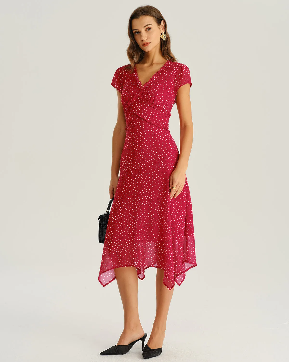 Red Polka Dot Cap Sleeve Midi Dress sold by rihoas product image thumbnail 4