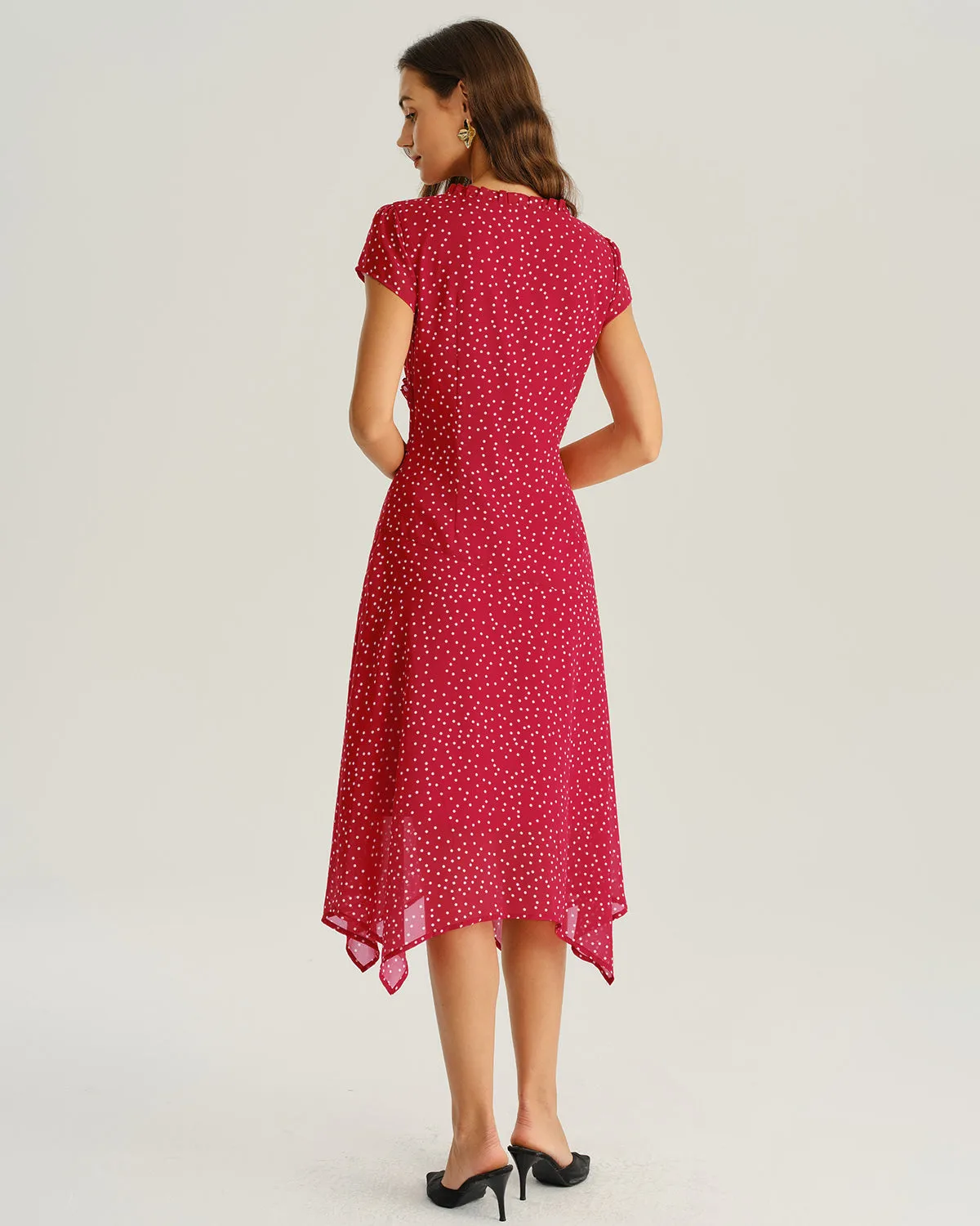 Red Polka Dot Cap Sleeve Midi Dress sold by rihoas product image thumbnail 5