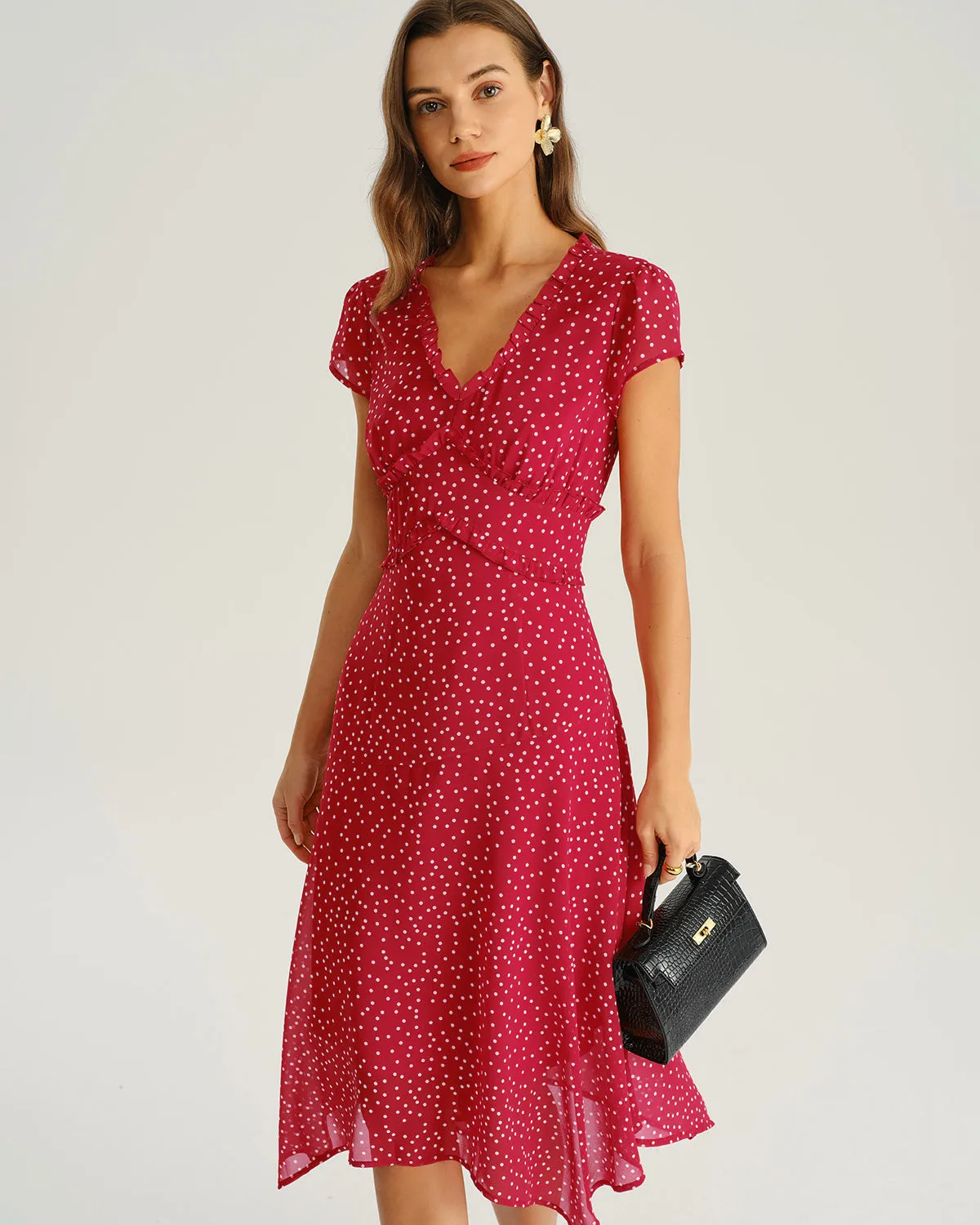 Red Polka Dot Cap Sleeve Midi Dress sold by rihoas