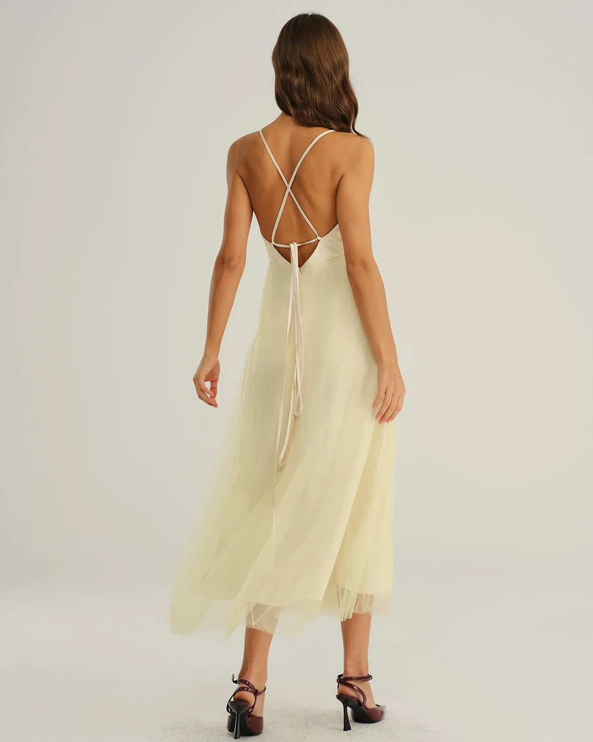 Beige Mesh Flowy Slip Midi Dress sold by rihoas product image thumbnail 5