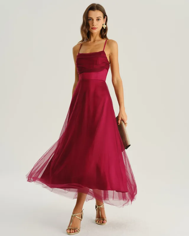 Wine Red Mesh Flowy Slip Midi Dress sold by rihoas