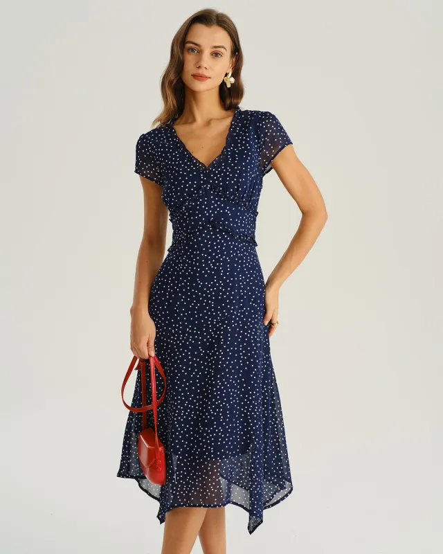 Navy Polka Dot Cap Sleeve Midi Dress sold by rihoas