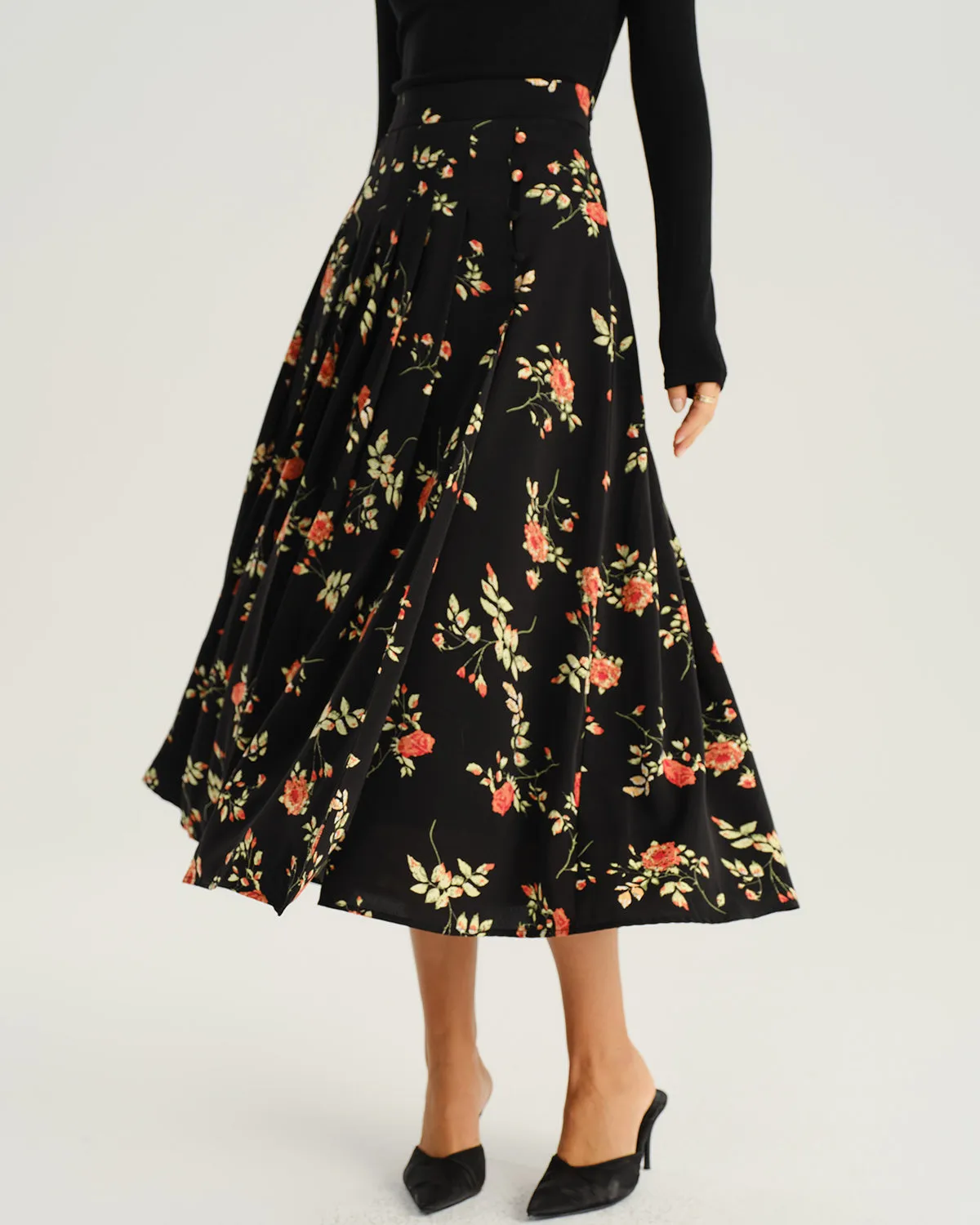 Black Floral A-Line Midi Skirt sold by rihoas