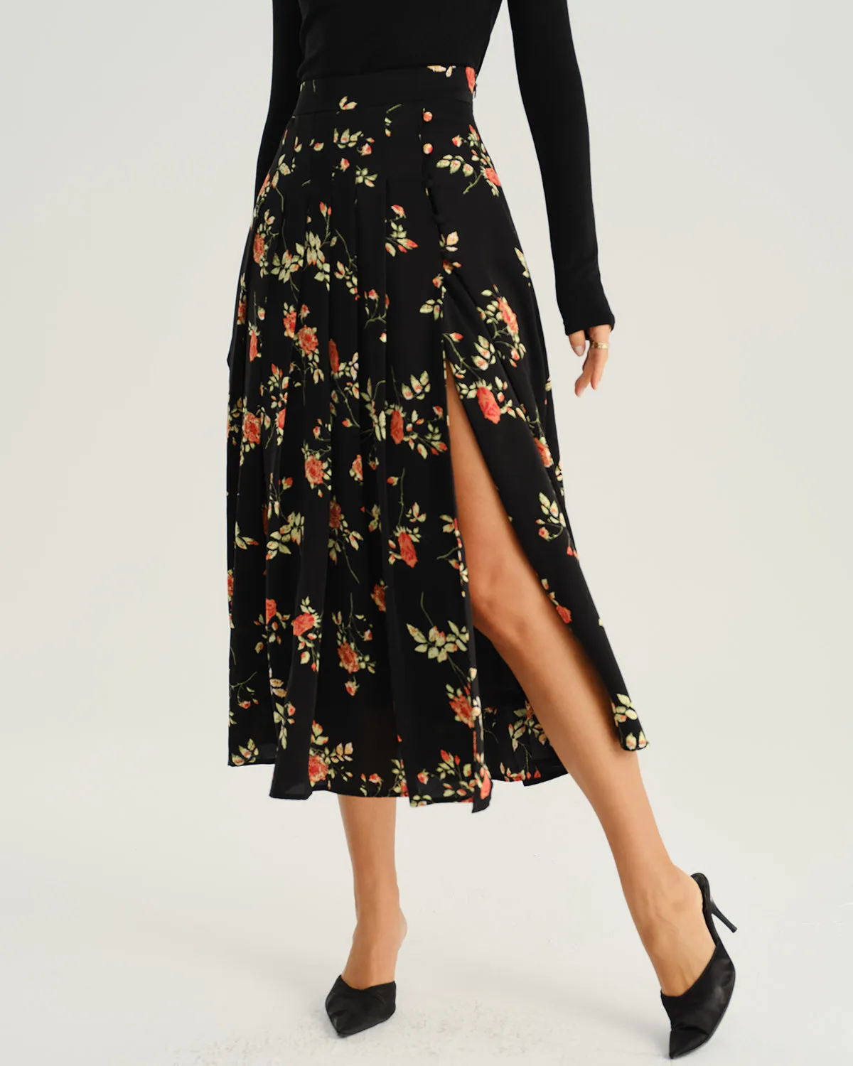 Black Floral A-Line Midi Skirt sold by rihoas product image thumbnail 2